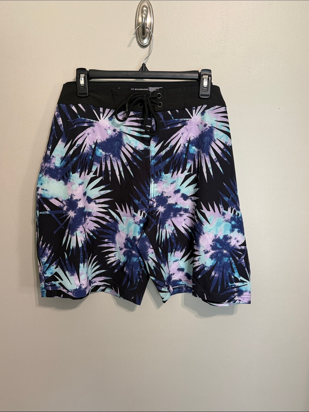 No Boundaries Black Shorts with Purple & Aqua Palm Print